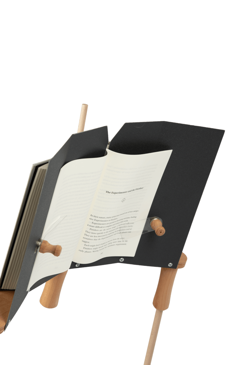 BookBock Lesegestell Seitenansicht – handgefertigter Buchständer aus Holz, kompaktes Design